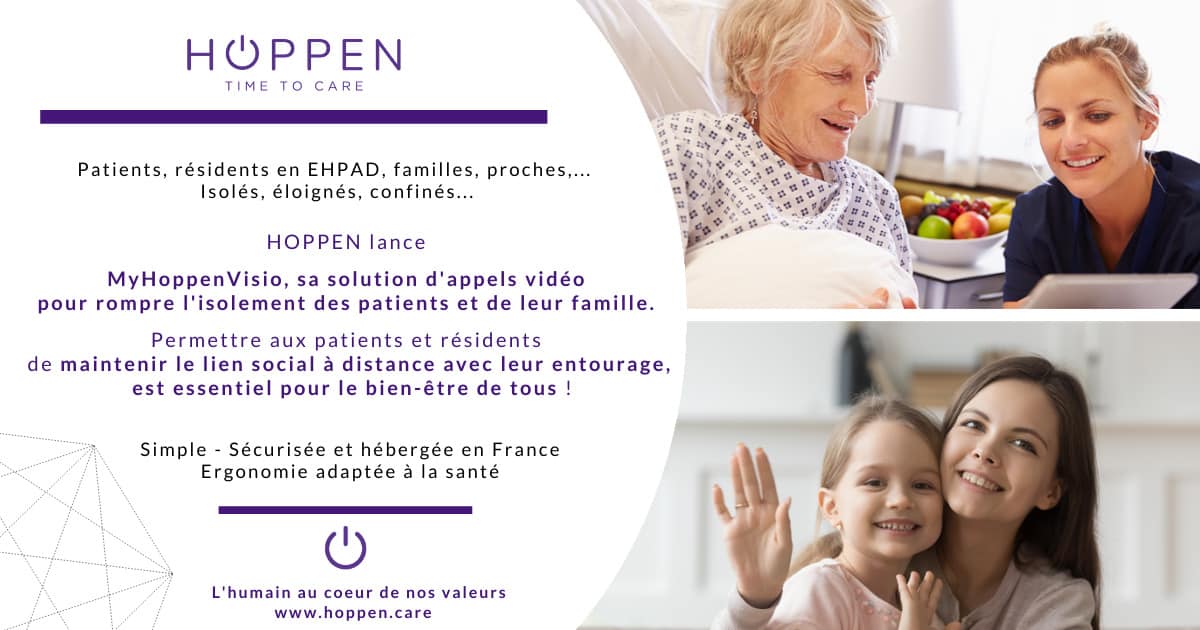 HOPPEN lance MyHoppenVisio, sa solution d'appels vidéo pour rompre l'isolement des patients et de leur famille. Permettre aux patients et résidents de maintenir le lien social à distance avec leur entourage, est essentiel pour le bien-être de tous !