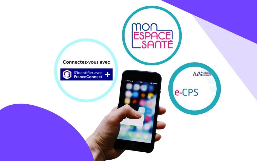 photo d'un smartphone entouré d'outils socles de l'Etat : Mon espace santé, e-CPS, FranceConnect+ accessibles via le portail patient Hoppen